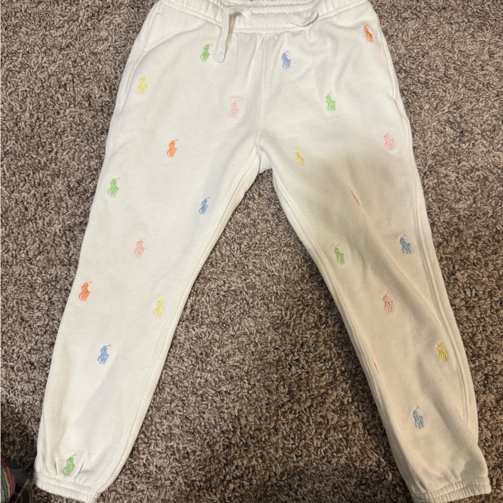Polo by Ralph Lauren White Kids Sweatpants with Multicolor Pony Embroidery